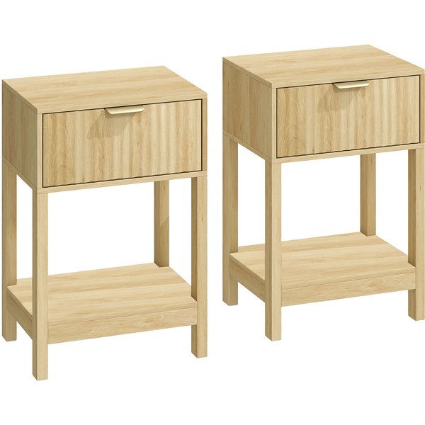 Homcom Lot De 2 Tables De Chevet, Tables D'appoint Avec Tiroir, FaçAde RainuréE Et ÉTagèRe Ouverte, 40 X 30 X 60 Cm, ChêNe-image