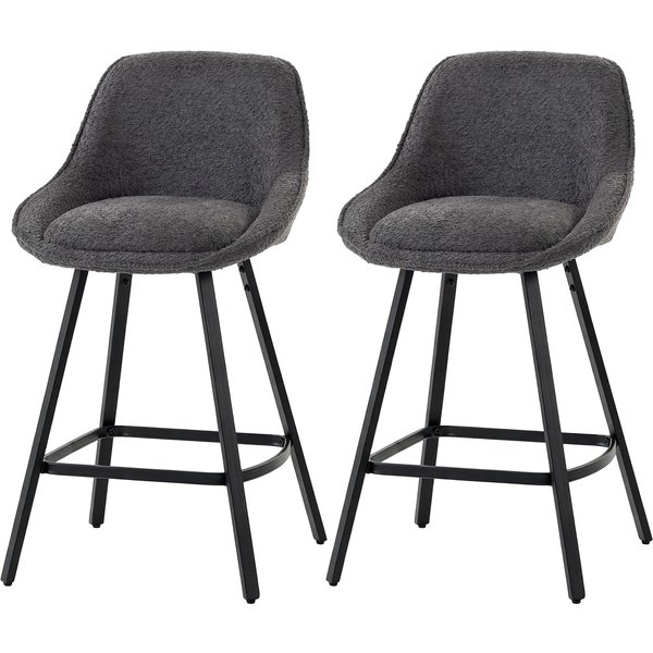 HOMCOM Bar Stools Set of 2, 64 cm Modern Linen-Touch Fabric 360° Swivel Counter Height Bar Chairs, Dark Grey