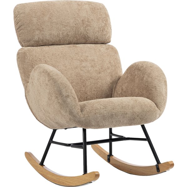 HOMCOM Upholstered Rocking Chair Adjustable Headrest Rocker Chair Raindrop Velvet Rubberwood Base Light Brown | Aosom Ireland