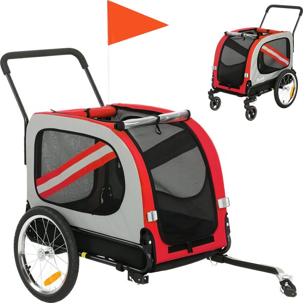 PawHut 2-In-1 Dog Bike Trailer Pet Stroller with Universal Wheel Reflector Flag Red | Aosom Ireland