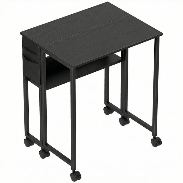 HOMCOM Schreibtisch Klappbar Kleiner 63 cm Klappschreibtisch mit Rollen Platzsparend Computertisch mit Regal, Aufbewahrungstasche, für Home Office, Schwarz Aosom