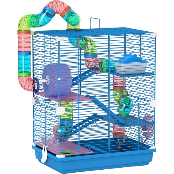 PawHut 5 Tier Hamster Cage Carrier Habitat w/ Exercise Wheels, Tunnel, Blue | Aosom Ireland