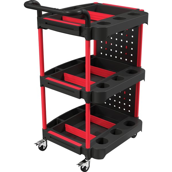 HOMCOM 3-Tier Rolling Tool Cart with Pegboard and Hooks, Storage Trolley Wheel Cart with Brakes, Black & Red | Aosom Ireland