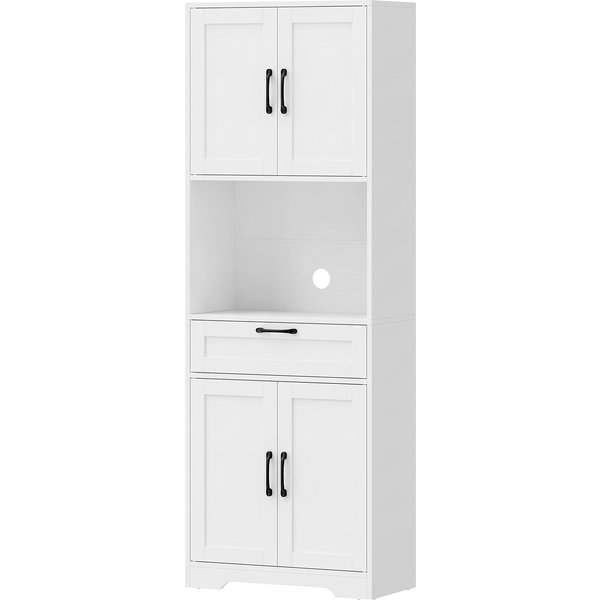 Homcom Buffet Haut Cuisine, Armoire Cuisine, 4 Portes à Fermeture Douce, Tiroir, Compartiment Ouvert, ÉTagèRes RéGlables, Blanc-image