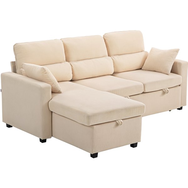 HOMCOM Verstellbares Bettsofa, L-förmiges Gästesofa mit Bettfunktion, Stauraum, Kissen, für Wohnzimmer, Gästezimmer, Beige Aosom