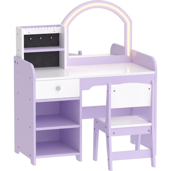 AIYAPLAY Kids Vanity Set, Girls Dressing Table with Stool, 2-Colour Lights Mirror, Pretend Dresser Gift for Ages 3-8, Purple