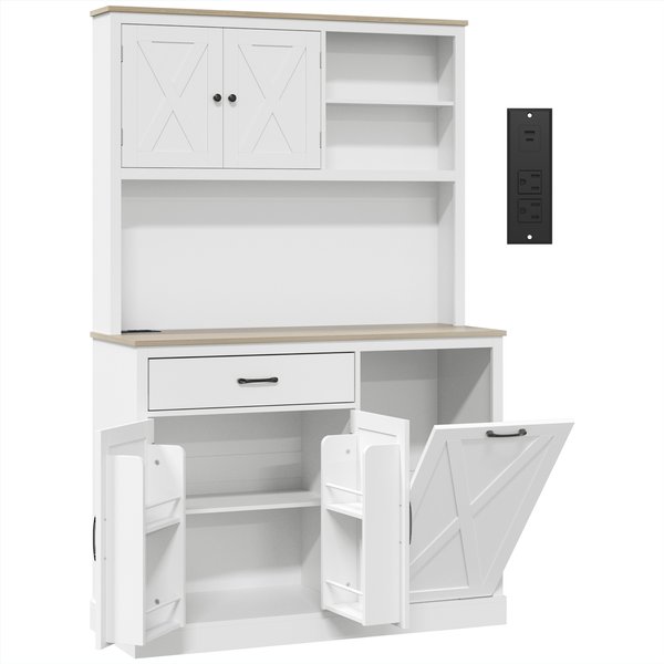 HOMCOM Pantry Cabinet with Charging Station, Microwave Stand, Rubbish Bin Cabinet, Adjustable Shelves, Barn Style Doors, White