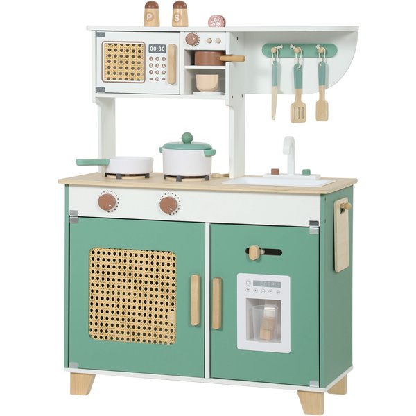 AIYAPLAY Kinderküche Kinder Holz Spielküche Zubehör mit Kaffeemaschine Eiswürfelspender Schrank Herd Wasserhahn, Küchengeräte Kinder Spielzeug für Jungen Mädchen 3-6 Jahren Grün Aosom