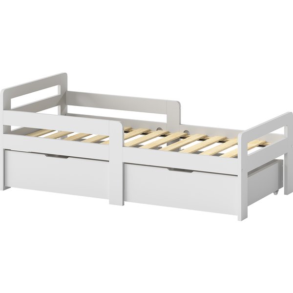 AIYAPLAY Wooden Kids Bed Frame with 2 Storage Drawers and Guard Rails for Ages 4-14, 144 x 76 x 57 cm (No Mattress), Grey