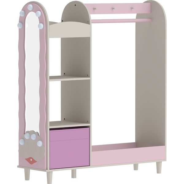AIYAPLAY Kids Clothing Rack, Kids Wardrobe with Glowing Lights Mirror, Non-Woven Drawer and Shelves for Bedroom, Ages 3-8, Pink
