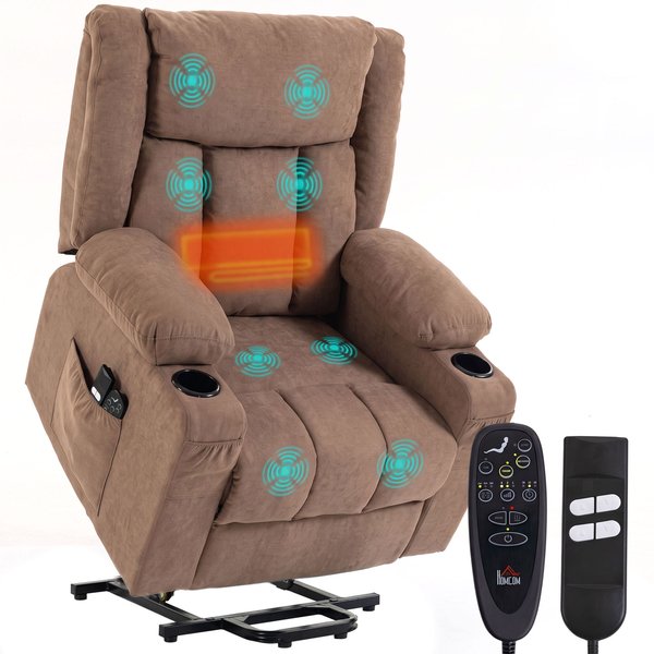 HOMCOM Dual Motor Riser Recliner Chair, 55° Electric Lift Chair for Elderly, Recliner Armchair with Massage and Heat, Brown Aosom UK