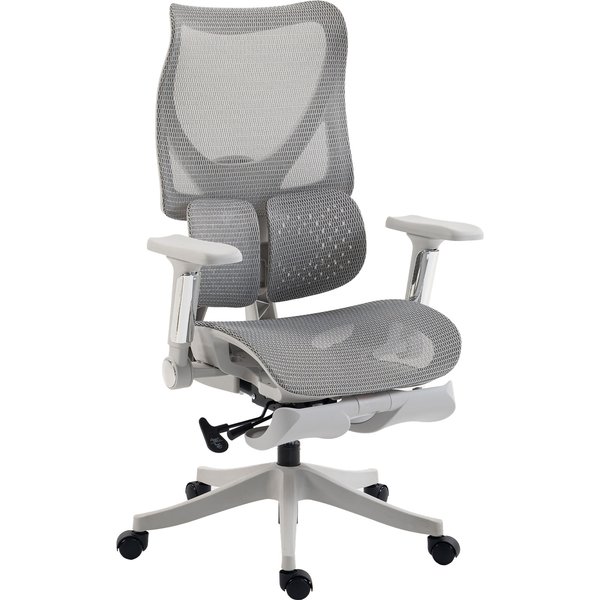 HOMCOM Ergonomischer Bürostuhl mit Lordosenstütze, Netzstoff, Fußstütze, hoher verstellbarer Rückenlehne, Sitztiefenverstellung, 4D-Klapparmlehnen, 360° drehbar, Grau Aosom