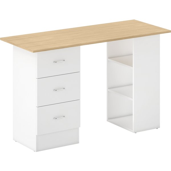 HOMCOM Computer Desk, Writing Table, PC Workstation with 3 Storage Shelves and Drawers, Silver Handle, for Home Office, Natural Wood Finish and White
