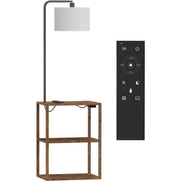 HOMCOM Dimmable Floor Lamp with Shelves, Charging Station, 3-Tier Storage Table, Adjustable Fabric Lampshade, Rustic Brown