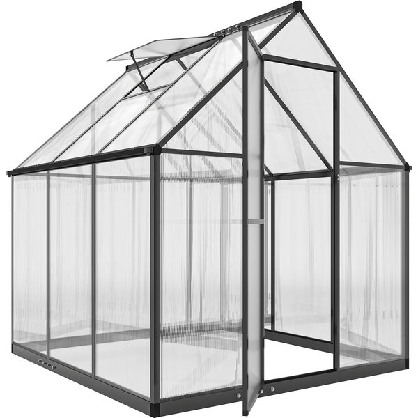 Outsunny Polycarbonate Greenhouse with Swing Door and Adjustable Window, Walk-in Greenhouse with Rain Gutter, 6 x 6.5ft, Black