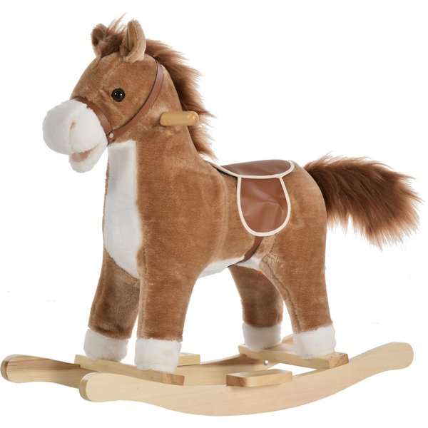 HOMCOM Spielzeug Schaukelpferd Schaukeltier mit Tiergeräuschen und Haltegriffen für Kinder 36-72 Monate, Plüsch Braun 65x32,5x61 cm Aosom.de