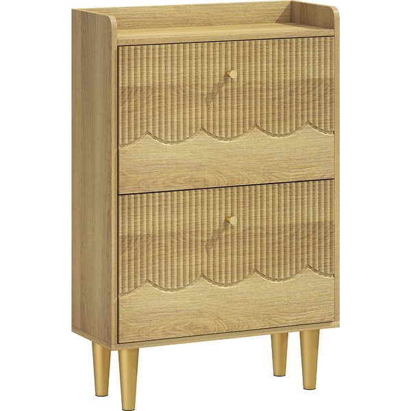 HOMCOM Narrow Shoe Cabinet, Modern Shoe Storage Cabinet with 2 Flip Drawers, Oak