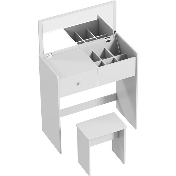 HOMCOM Vanity Desk with Mirror Dressing Table Drawer Set 6 Compartments Storage Stool White