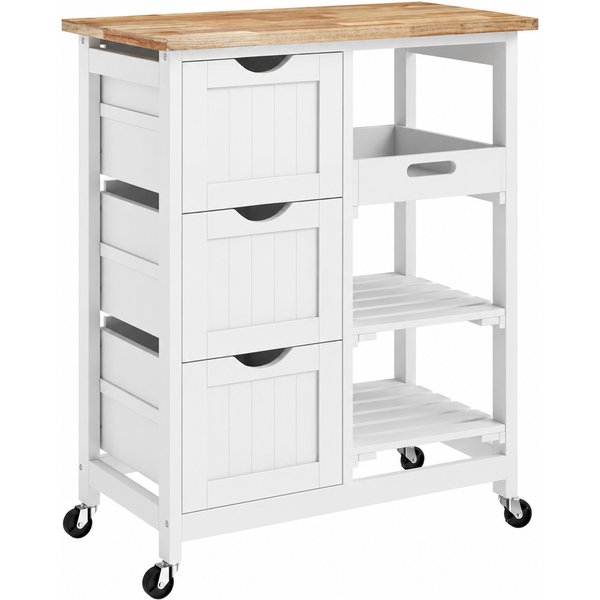 HOMCOM Rolling Kitchen Island Cart, Bar Serving Cart, Compact Trolley on Wheels with Wood Top, Shelves & Drawers for Home Dining, White Aosom UK