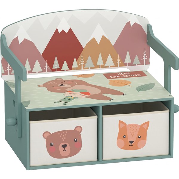 AIYAPLAY Kids Table and Chair Set, 3 in 1 Wooden Toy Box with 2 Fabric Drawers for Bedroom, Playroom, Gift for Boys Girls, Green
