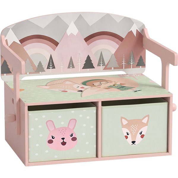 AIYAPLAY Kids Table and Chair Set, 3 in 1 Wooden Toy Box with 2 Fabric Drawers for Bedroom, Playroom, Gift for Boys Girls, Pink