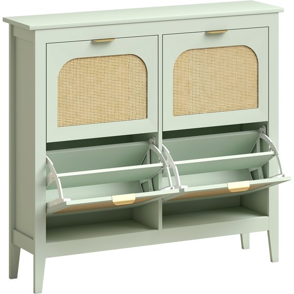 HOMCOM Narrow Shoe Cabinet, Boho Slim Shoe Storage Cabinet with 4 Flip Drawers, Holds 20 Pairs, Light Green