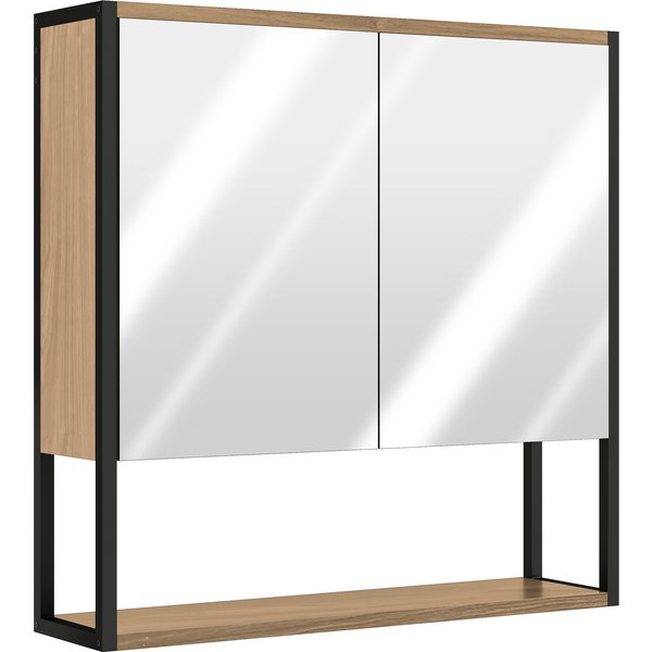 HOMCOM Bathroom Mirror Cabinet with Soft-Close Doors and Adjustable Shelf - Natural Wood Finish
