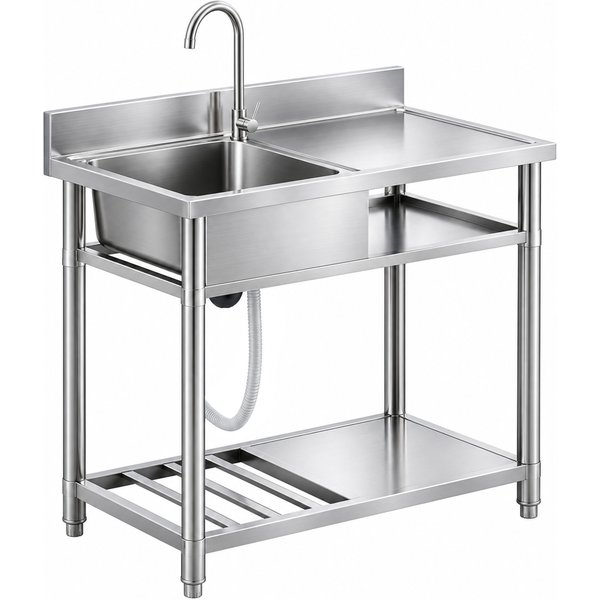 HOMCOM Outdoor Stainless Steel Kitchen Sink, Freestanding Sink Single Bowl with Cold and Hot Water Pipe and Storage Shelves