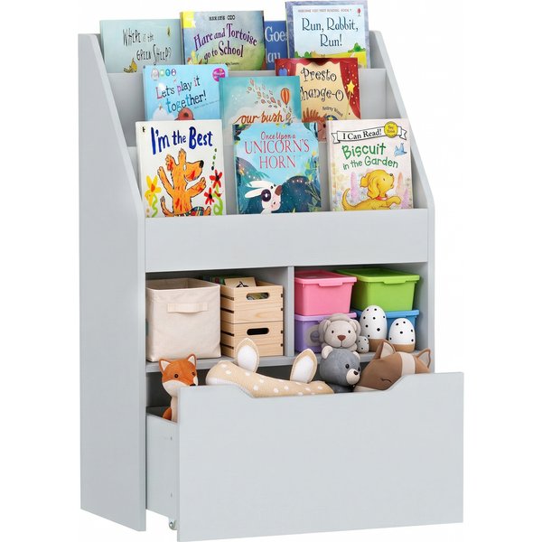 HOMCOM Kids Bookshelf with Storage Drawer, Children's Bookcase with Wheels, Toy Organiser for Bedroom, Playroom, Grey