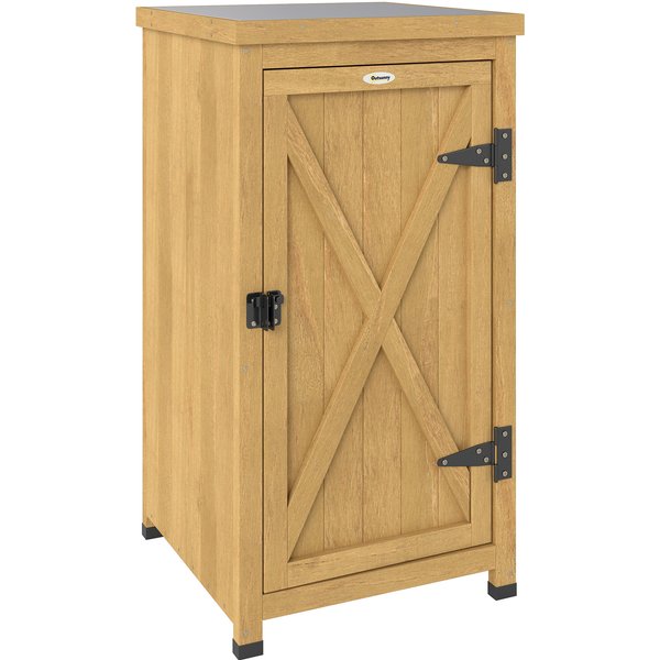 Outsunny Wooden Garden Shed, Garden Tool Storage Shed with Metal Top and Shelf, Light Brown