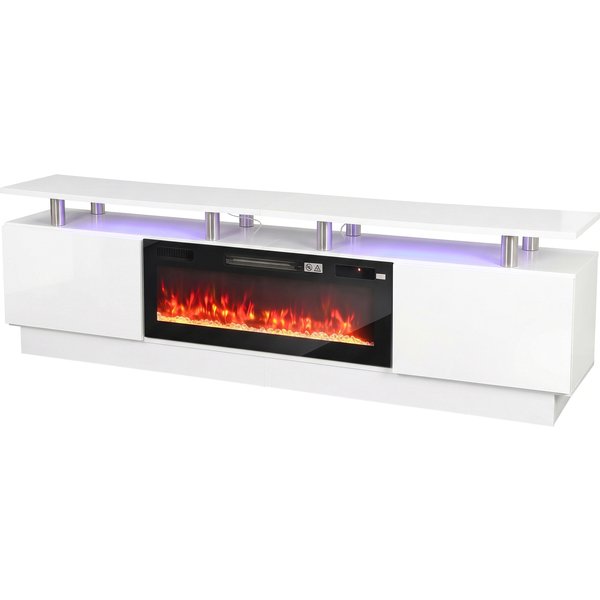 HOMCOM TV-Möbel mit elektrischem Kamin, LED-Beleuchtung, 203 cm, Dekorativer Kamin 900/1800W, 3D-Flammeneffekt, 12 Farben, 5 Helligkeitsstufen, Thermostat, TV-Bank bis 228,6 cm, Weiß Aosom