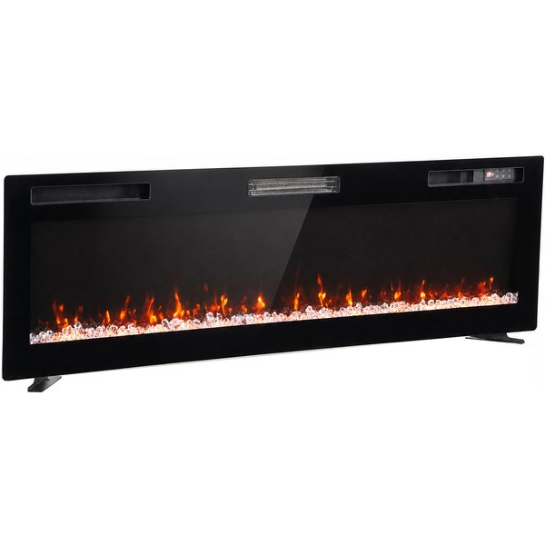 HOMCOM 173 cm Einbau-/Wand-/Stand-Elektrokamin Slim 8.3 cm mit Fernbedienung, 900/1800 W, 12 Flammenfarben 3D-LED, Kristalle, 5 Helligkeitsstufen, Heizung, Timer, Thermostat, 35 m², Schwarz Aosom