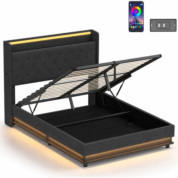 HOMCOM 4ft6 Double Bed Frame with Headboard, Platform Bed Frame with Hydraulic Storage, LED Lights and Charging Station, Black