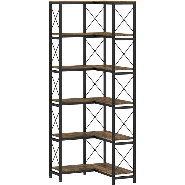 HOMCOM 6-stufiges Eckregal, L-förmiges Bücherregal, freistehendes Regal mit Metallrahmen für Wohnzimmer, Büro, Schlafzimmer, 60 x 60 x 200 cm, rustikal braun Aosom