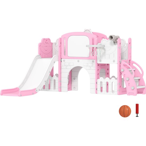 AIYAPLAY 7 in 1 Toddler Slide Set with Basketball Hoop, Climbing Frame, Telescope, Drawing Board, Storage Box, Pink