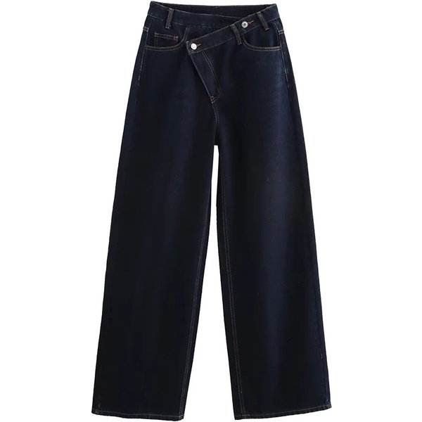 Women Fashion Versatile Double-Breasted High-Waisted Wide-Leg Jeans Female Slim Design High-Street Casual Pocket Trousers