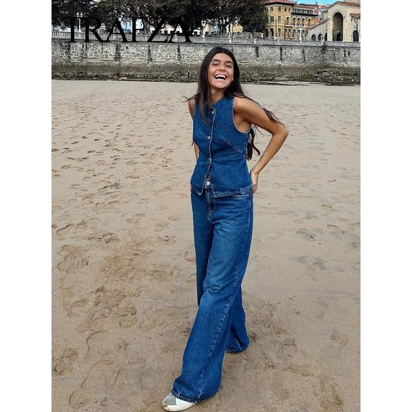 2025 Summer Women Fashion Denim Trousers Suits V Neck Slim Short Vest Top + Commute Office Lady Female Wide Leg Long Pant