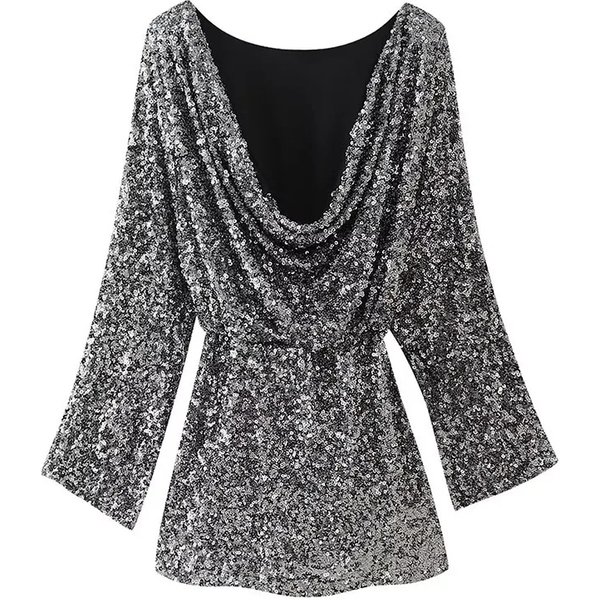 Summer Woman New Fashion Long-Sleeved O-Neck Folds Decorate Party Evening Dress Women Shiny Silver Sequins Mini Dress