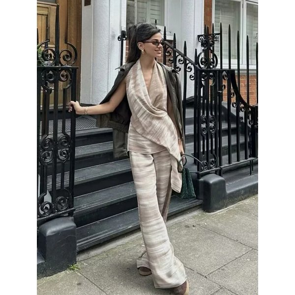 Fashion Women Sleeveless Backless Halter Neck Tie Dye Top+High Waist Drawstring Loose Long Pant 2 Piece Set Mujer
