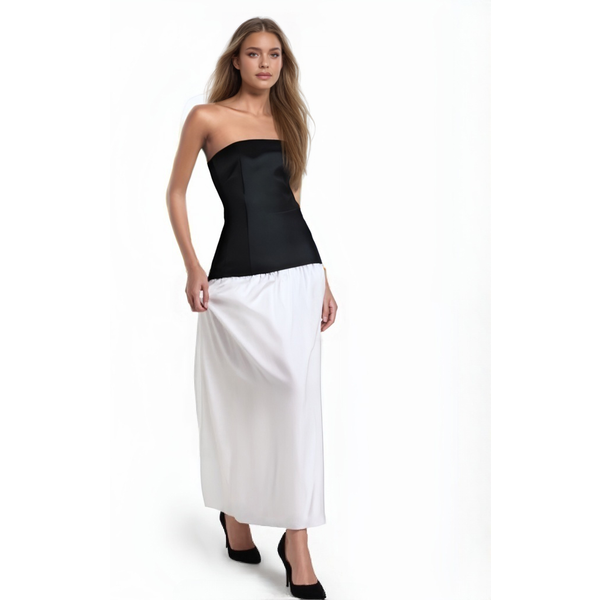 Woman's Summer Vacation Style Long Dress Black White Strapless Zipper Dress Female New Fashion Elegant Slim Dresses
