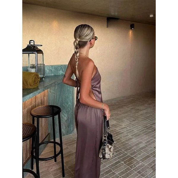 Female Summer Sexy Satin Solid Backless Sleeveless Crop Top+Woman Chic Casual Elastic Wide Leg Pants 2 Piece Set