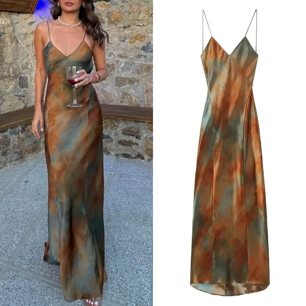 women's retro elegant satin V-neck backless sexy camisole dress female fashion slim sleeveless long skirt 2025 summer new
