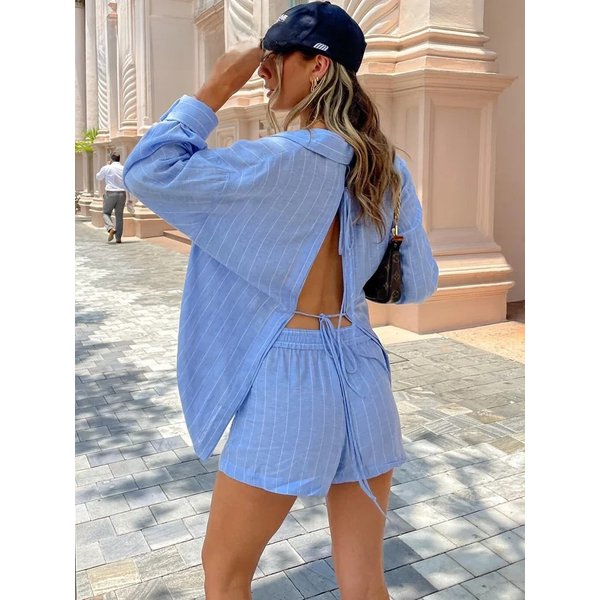 2025 Female Casual Stripes 2 Piece Set Long Sleeves Lace Up Lapel Back Hollow Shirt+A-Line Elastic Waist Shorts Chic Set
