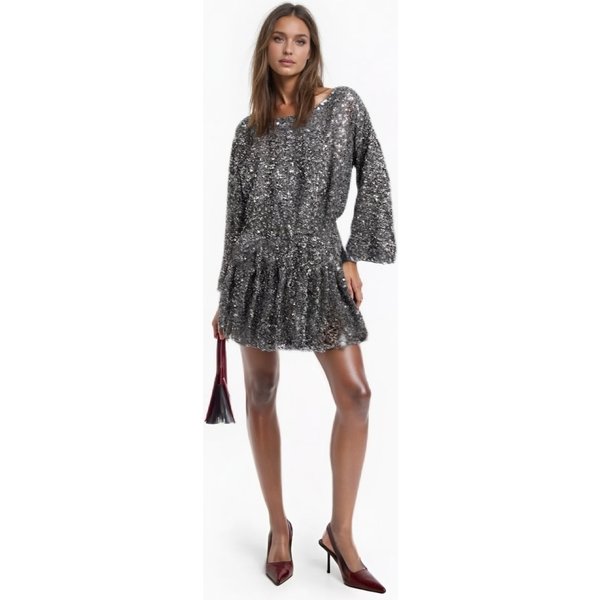 Summer Woman New Fashion Long-Sleeved O-Neck Folds Decorate Party Evening Dress Women Shiny Silver Sequins Mini Dress