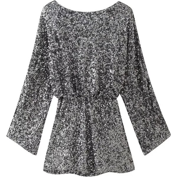 Summer Woman New Fashion Long-Sleeved O-Neck Folds Decorate Party Evening Dress Women Shiny Silver Sequins Mini Dress