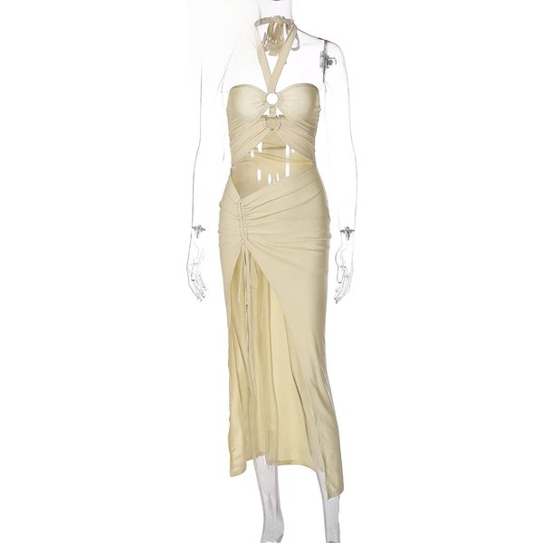 Women Sexy Y2K Outfit Hollow Out Lace Up Halter Sleeveless Backless Draw String Side Slit Bodycon Midi Dress Club Party