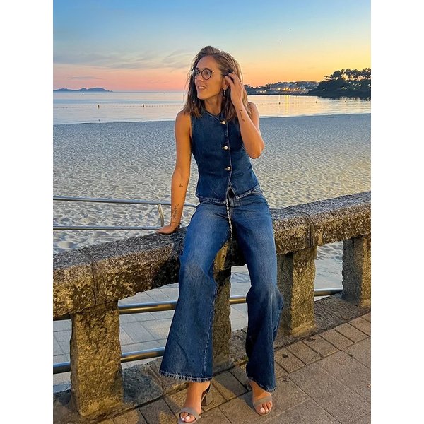 2025 Summer Women Fashion Denim Trousers Suits V Neck Slim Short Vest Top + Commute Office Lady Female Wide Leg Long Pant