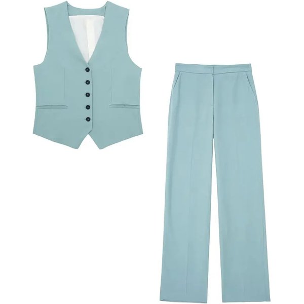 Autumn Women Casual Waistcoat Pants Set Single Breasted V Neck Tank Tops + High Waist Zipper Office Lady Chic Trousers Suit