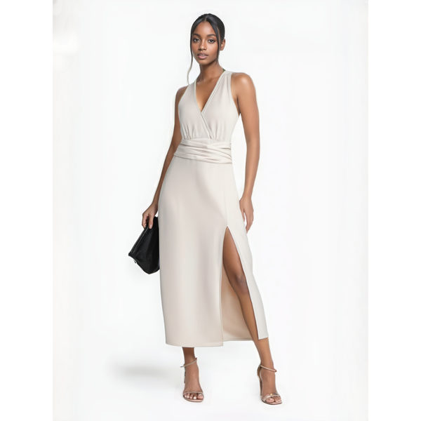 2025 Woman Sexy Zipper Slit Hem Splicing Belt Decorate Party Dresses Women Chic Sleeveless V-Neck Long Dresses