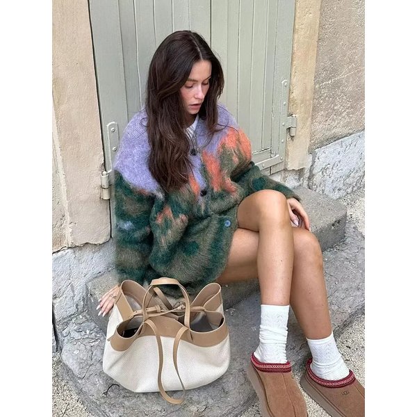 Fall Female Casual Printed Knitted Cardigan Colorful Loose V Neck Long Sweater High Street Fashion Woman's Vintage Coat